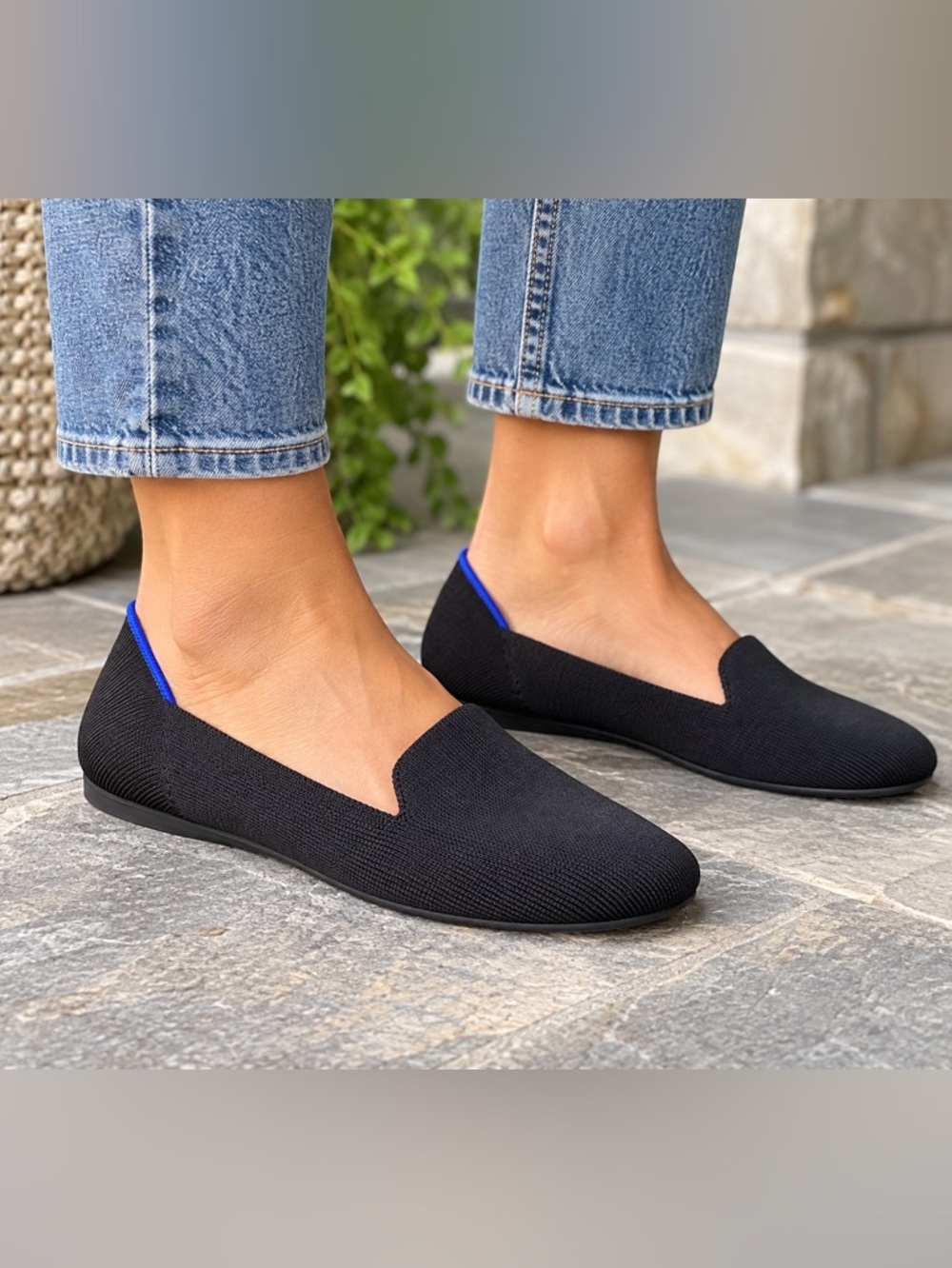 Rothy’s The Loafer Black Cobalt Blue Trim Knit Flats Comfort Shoes Women’s 10.5